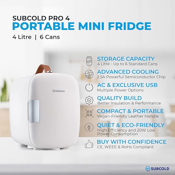 Subcold Pro4 Luxury Mini Fridge Cooler | 4 Litre / 6 Cans | AC and Exclusive USB Power Option | Portable Small Fridge for the Office, Bedroom, Car, Travel, Skincare & Cosmetics (White) - 2