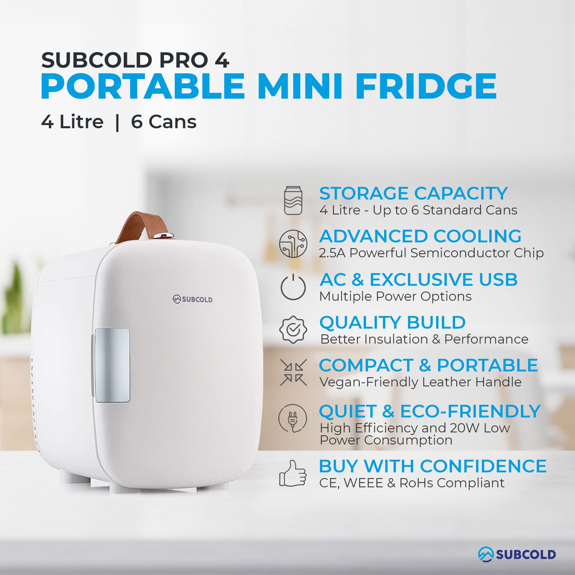 Subcold Pro4 Luxury Mini Fridge Cooler | 4 Litre / 6 Cans | AC and Exclusive USB Power Option | Portable Small Fridge for the Office, Bedroom, Car, Travel, Skincare & Cosmetics (White) — view 2