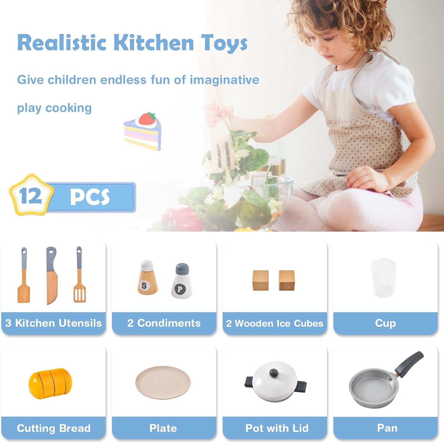 Costzon 2-Piece Play Kitchen, Wooden Toy Kitchen Set with Refrigerator, Ice Maker, Range Hood, Pretend Oven, Kids Kitchen Playset with Sounds & Lights, Gift for Ages 3+