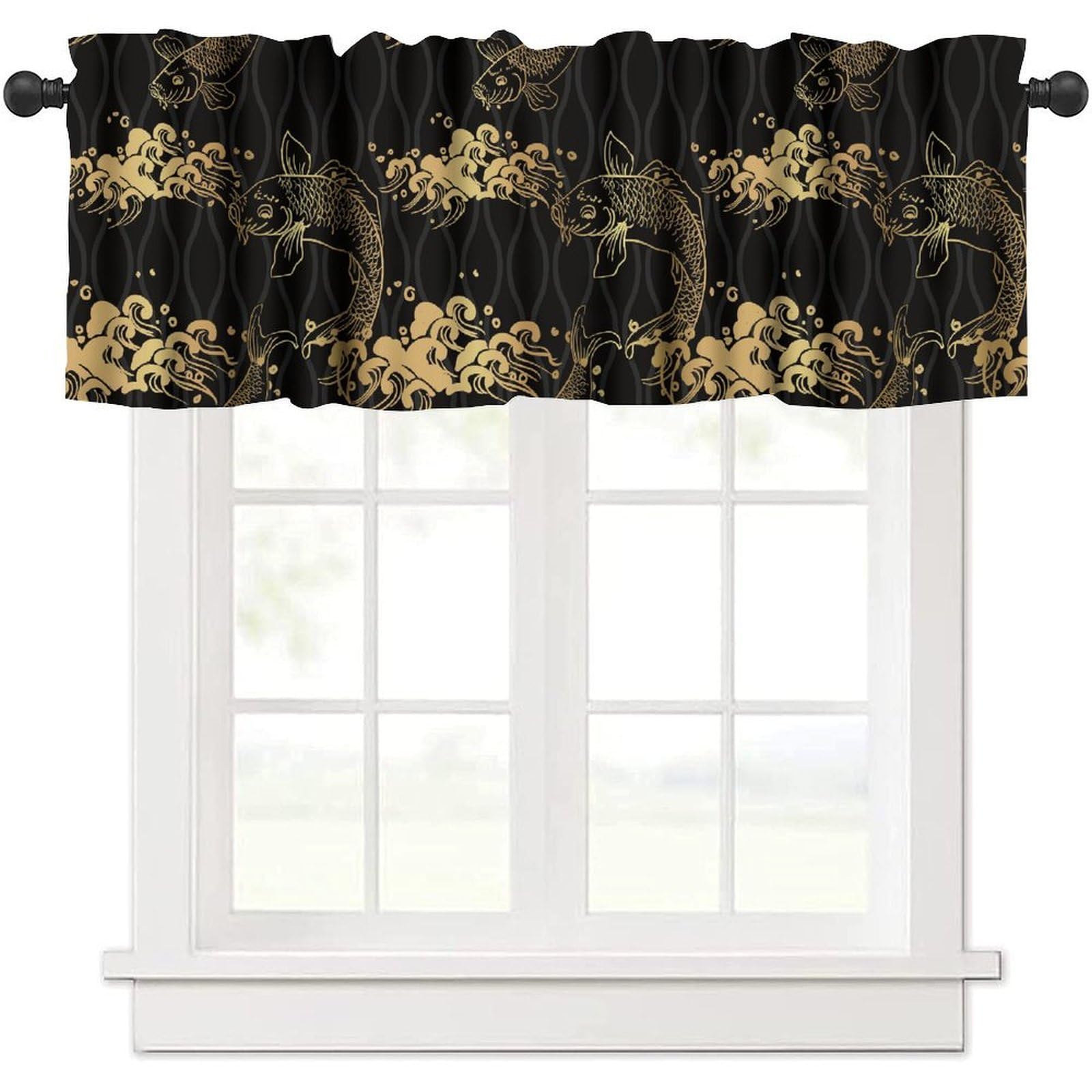 moderw Japanese Koi Fish Valance Curtain Gold Big Wave Silhouette Asian Chinese Style Window Treatment Valance for Farmhouse Cabin Dining Room Kitchen Canteens Café Décor 54x18inch