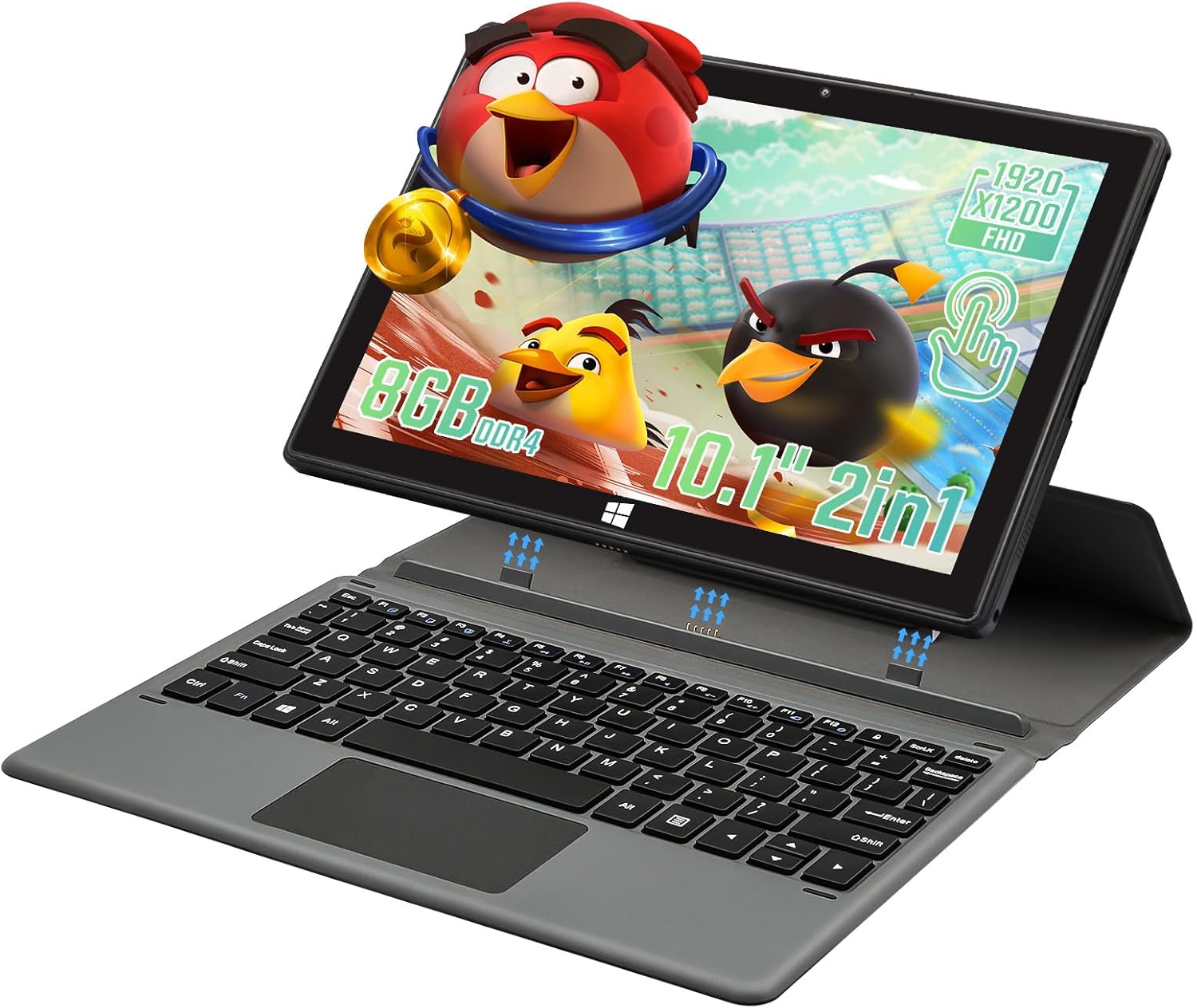 10.1-inch 2-in-1 Laptop/Tablet Computer, Thin and Light Dual Camera, Touchscreen, 1920×1200 IPS Screen, Magnetic Keyboard, Bluetooth 4.2, Office 2019, Wireless WiFi, Type-C Port (Black, 8GB+128GB SSD)