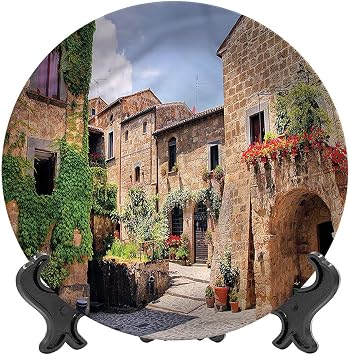 XISUNYA 10 Inch Tuscany Pattern Ceramic Hanging Decorative Plate,Italian Streets Countryside Tableware Plate Ceramic Ornament for Home&Office Wall Decors Family Sentiment