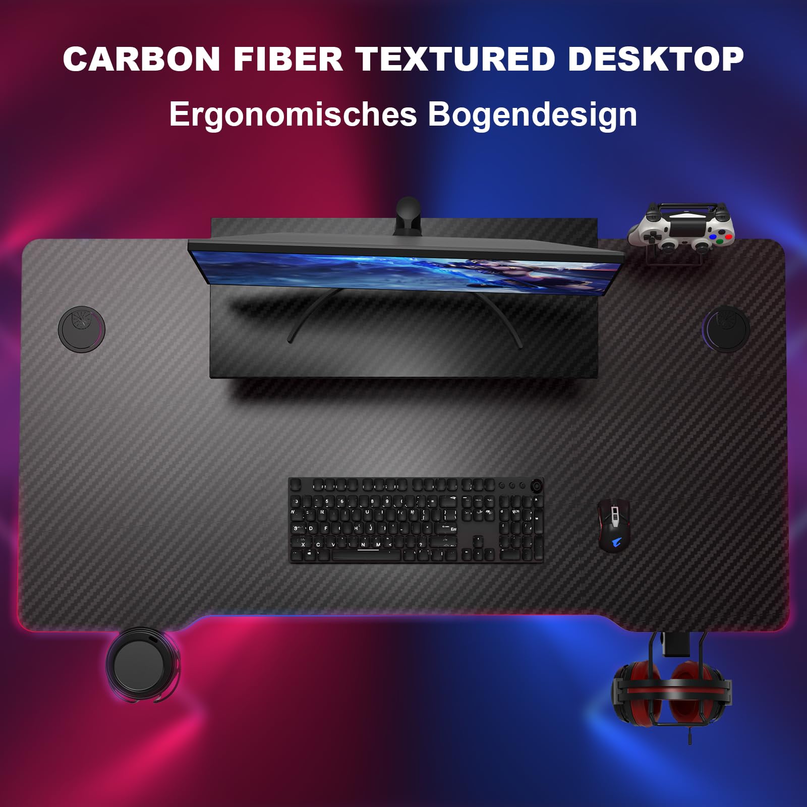 PIPIPOXER Mesa Gaming en Forma de Z 100x55x75cm, Escritorio Gaming con Soporte Monitor, Escritorio Gaming con Tablero de Fibra de Carbono, Gaming Desk para con Portavasos y Gancho para Auriculares