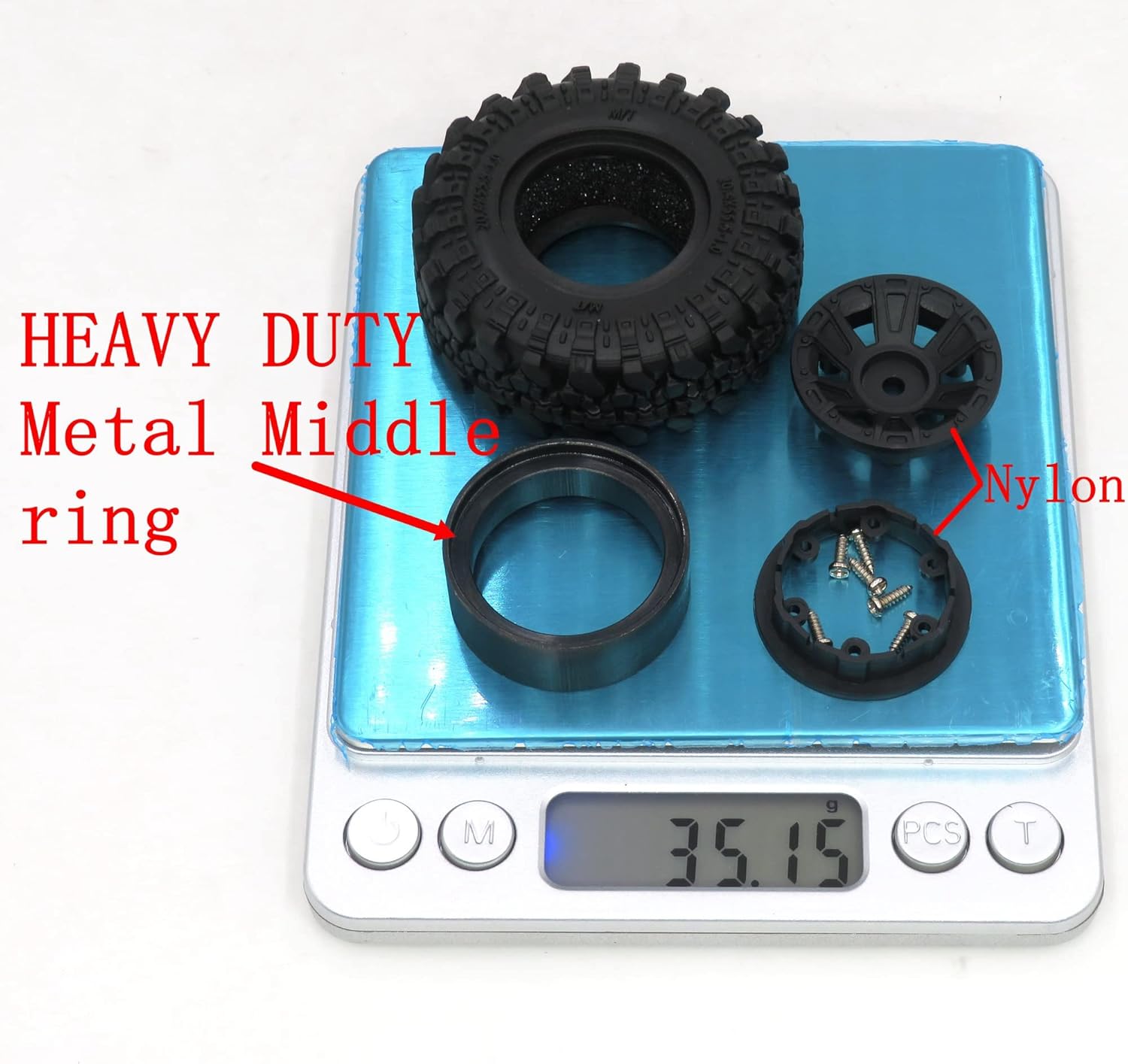 HOBBYSOUL 1.0 Crawler Tires Mounted on 1.0 Beadlock Wheels 7mm Hex, SCX24 Tires and Wheels (with Heavy Duty Metal Middle Rings, 21g/Ring) for 1/24 RC Crawler Axial SCX24 90081 AXI00001, (4-Pack)