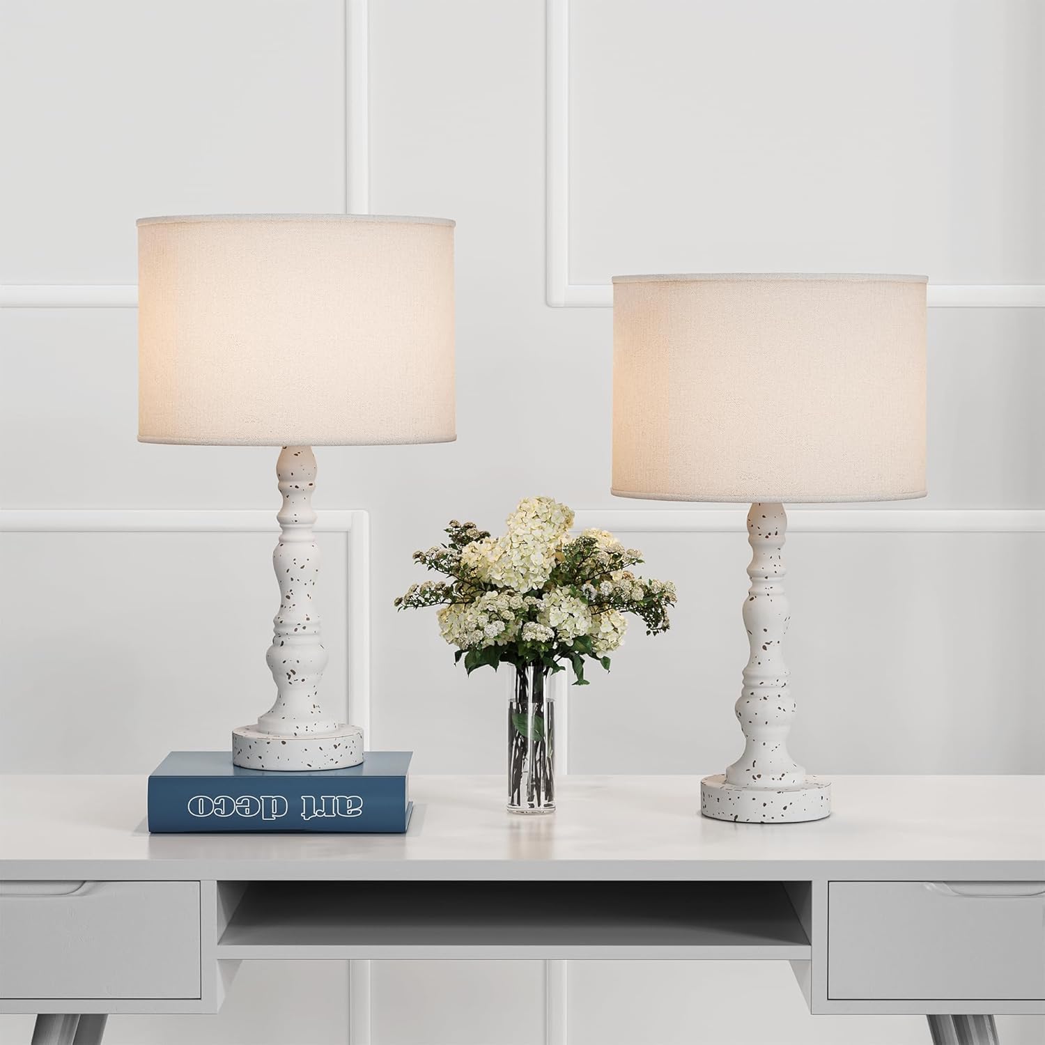 Pia Ricco 21" Farmhouse Table Lamp Set of 2, Resin Table Lamp for Bedroom Living Room, Retro Side Bedside Nightstand Lamps for Study Room Office with Linen Lampshade, White