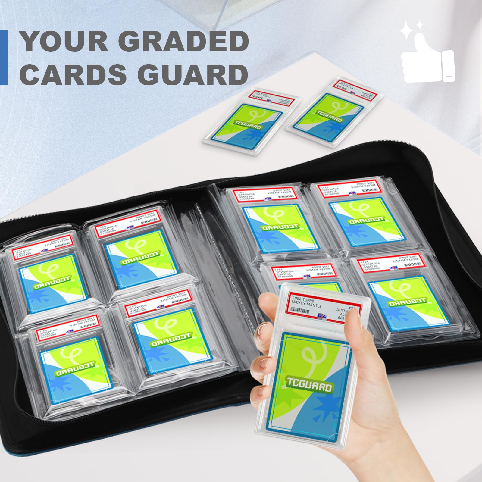 TCGUARD Fundas de cartón graduadas para tarjetas en formato PSA y similares con fundas, con capacidad para 32 tarjetas PSA, carpeta de colección premium de 4 fundas para tarjetas, azul