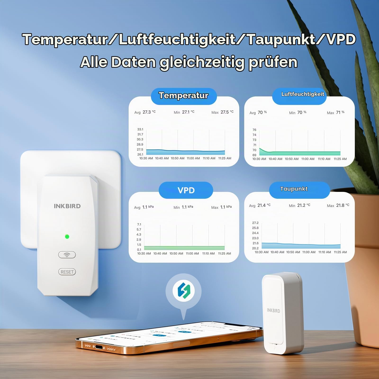 INKBIRD ITH-11-B Bluetooth Temperatursensor, Feuchtigkeitssensor mit IBS-M2S-B Bluetooth Gateway, Temperatur-Feuchtigkeitssensor Ideal für den Innen- und Außenbereich