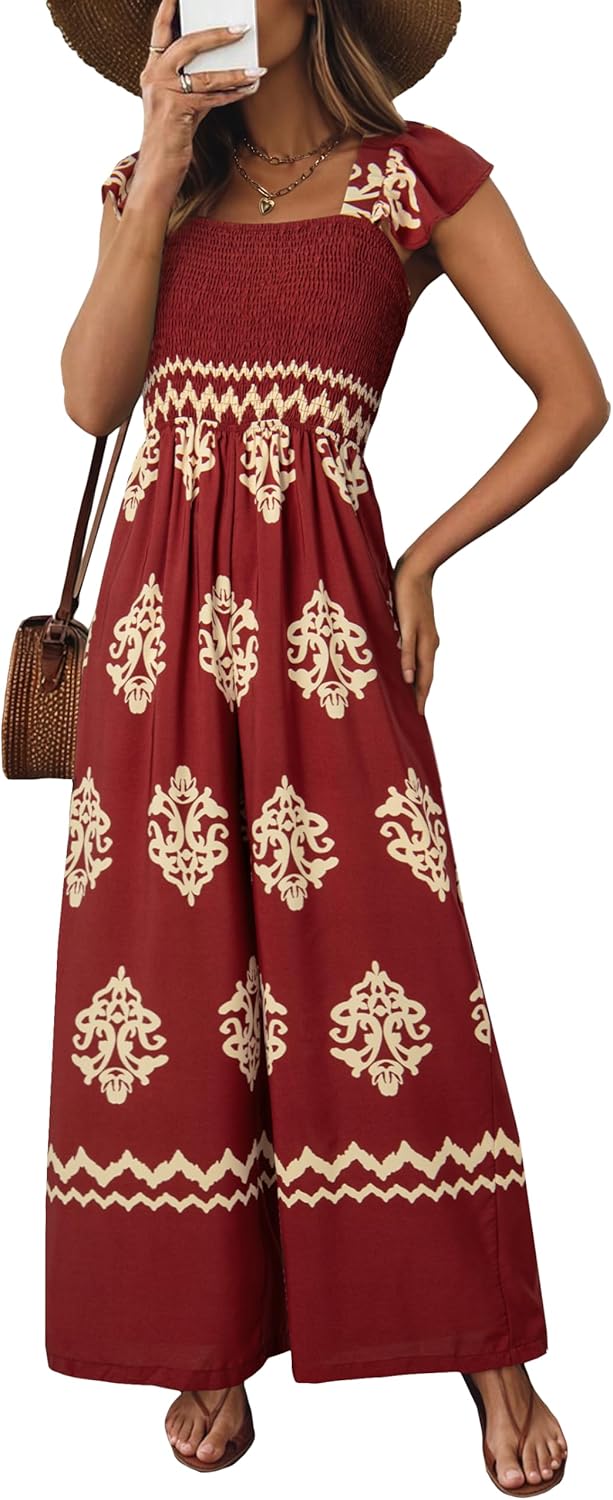Happy Sailed Womens Summer Jumpsuits Printed Square Neck High Waisted Pockets Wide Leg Rompers Beach Fashion Vacation Outfits