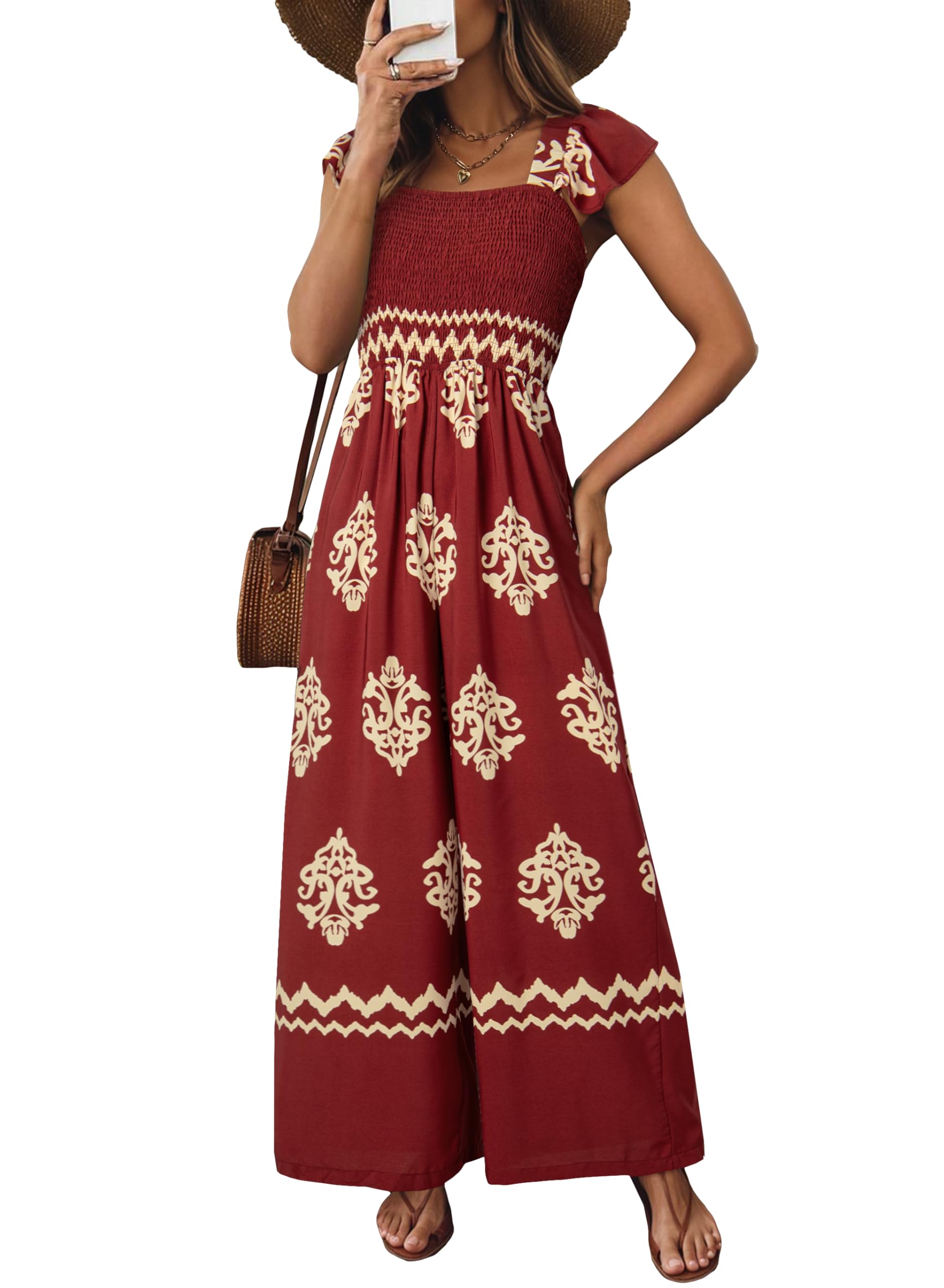 Happy Sailed Womens Summer Jumpsuits Printed Square Neck High Waisted Pockets Wide Leg Rompers Beach Fashion Vacation Outfits