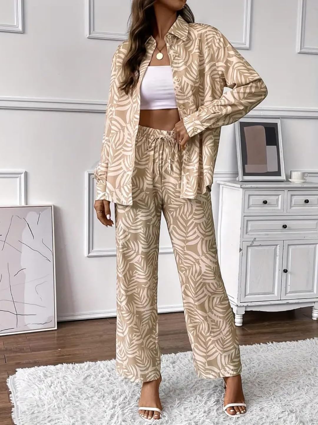 Gufrina Women's Polyester Co-Ord Set With Button-Up Top & Wide Leg Pant 3/4Th Sleeves Collar Neck Printed Pattern Regular Fit And Standard Length