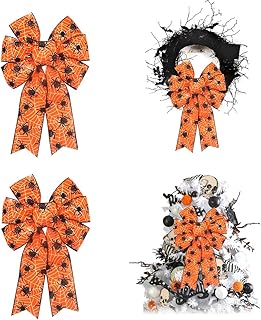 2Pcs Halloween Bows for Wreaths, Halloween Wreath Bows, Orange Bows, Web Spider Bows for Front Door, Halloween Decor, Burlap Bows for Wreath Indoor Outdoor Wall Decorations