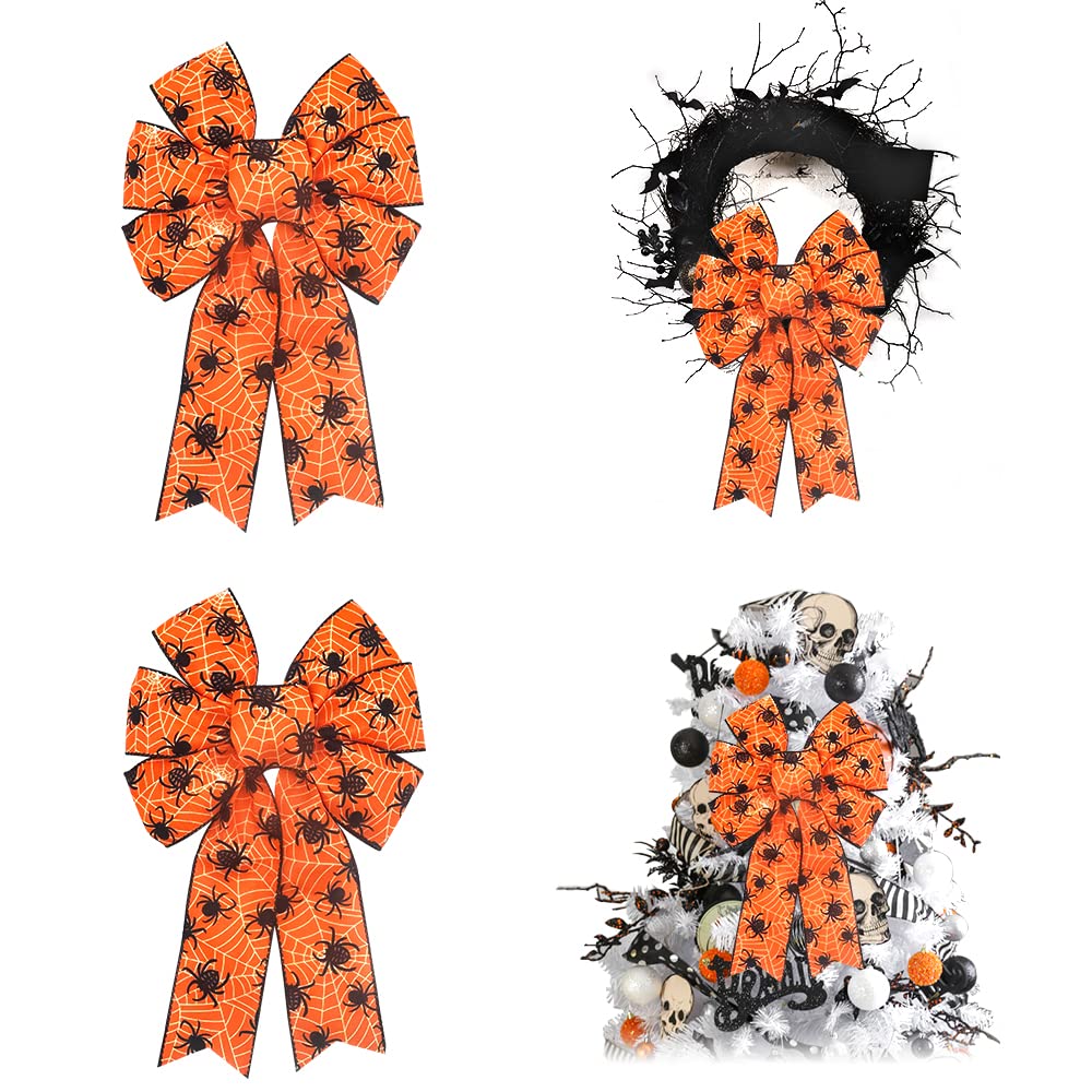 ALIBBON 2Pcs Halloween Bows for Wreaths, Halloween Wreath Bows, Orange Bows, Web Spider Bows for Front Door, Halloween Decor, Burlap Bows for Wreath Indoor Outdoor Wall Decorations