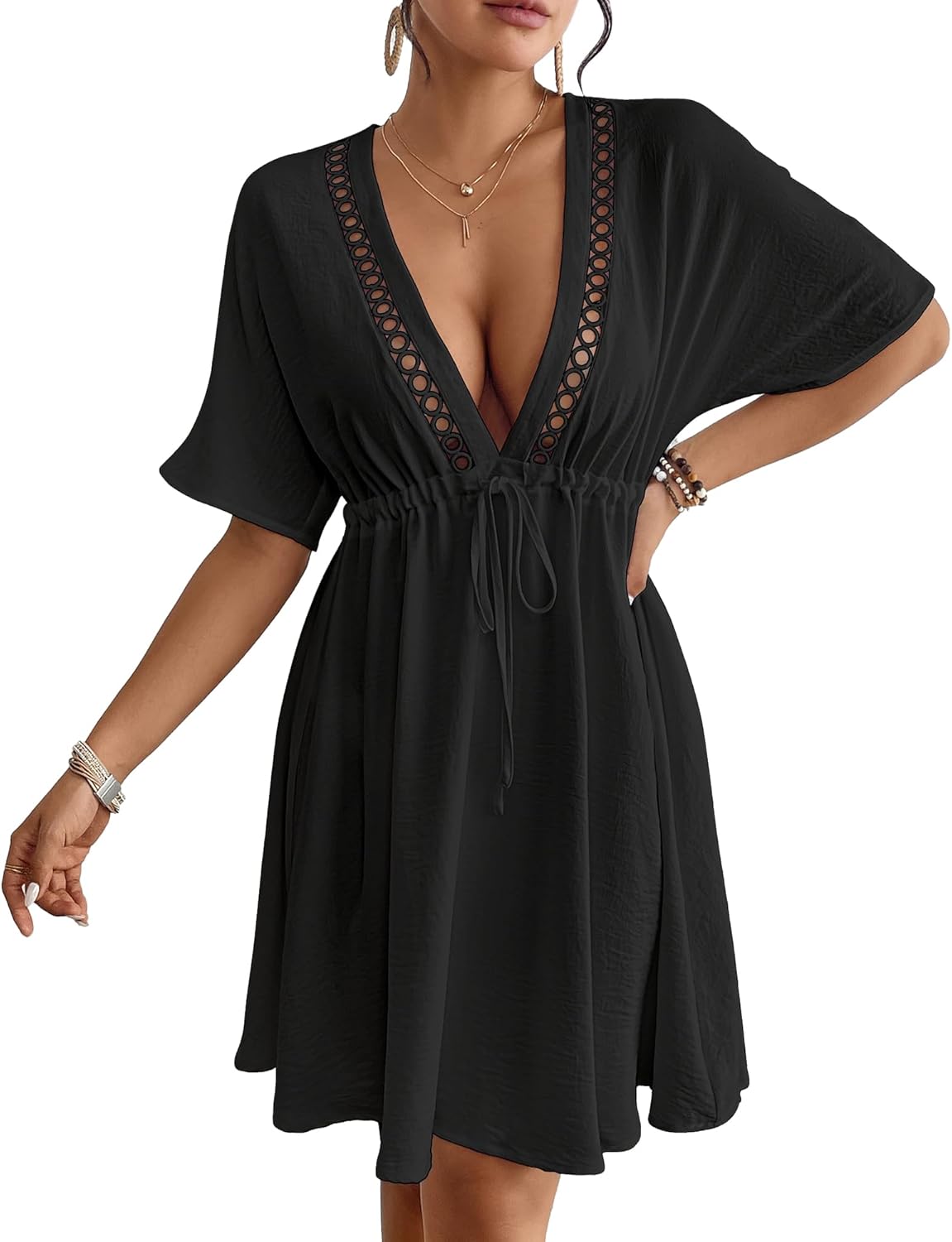 Eddoyee Wome's Swimsuit Coverup V Neck Hollow Out Beach Bathing Suit Flowy Swim Coverup Mini Dress