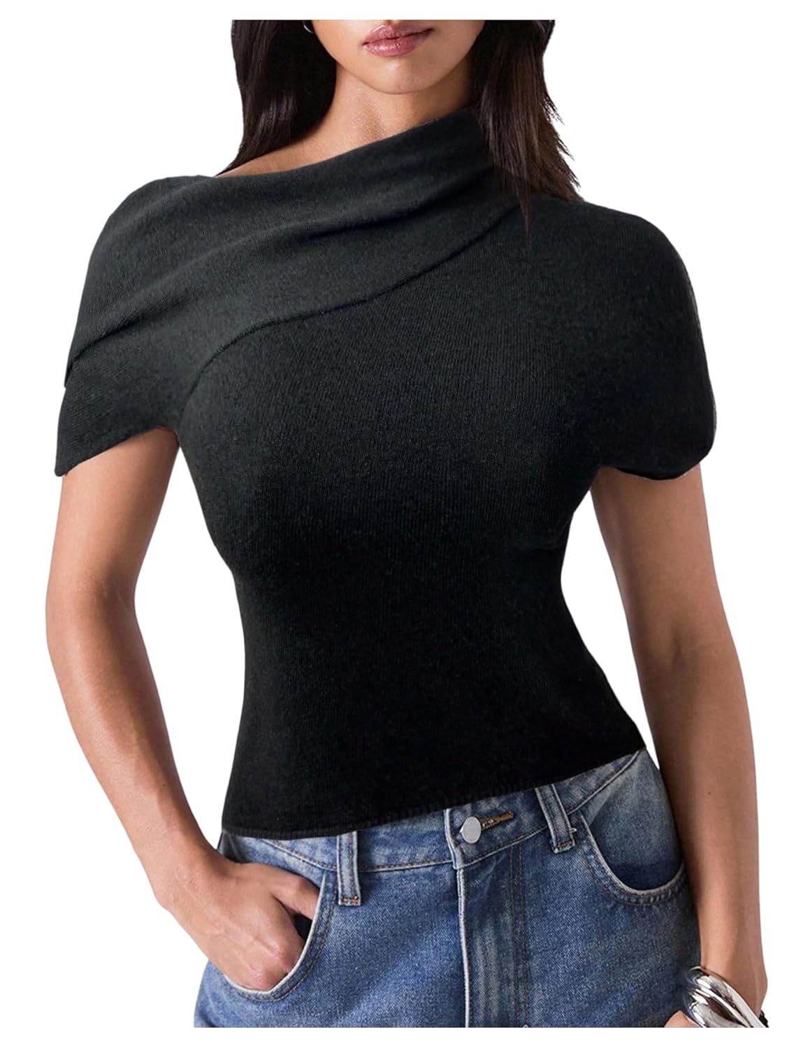 Floerns Womens Dolman Sleeve Knitted Sweater Asymmetrical Neck Pullover Tops