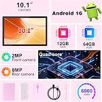 Tablet Android 16 10 Inch 12GB RAM+64GB ROM/ 1TB Expandable Tablet, 1280 * 800 HD Touch Screen, 5G WiFi6 BT 5.0, 2 in 1 Tablets with Keyboard Case Mouse Stylus (Pink)