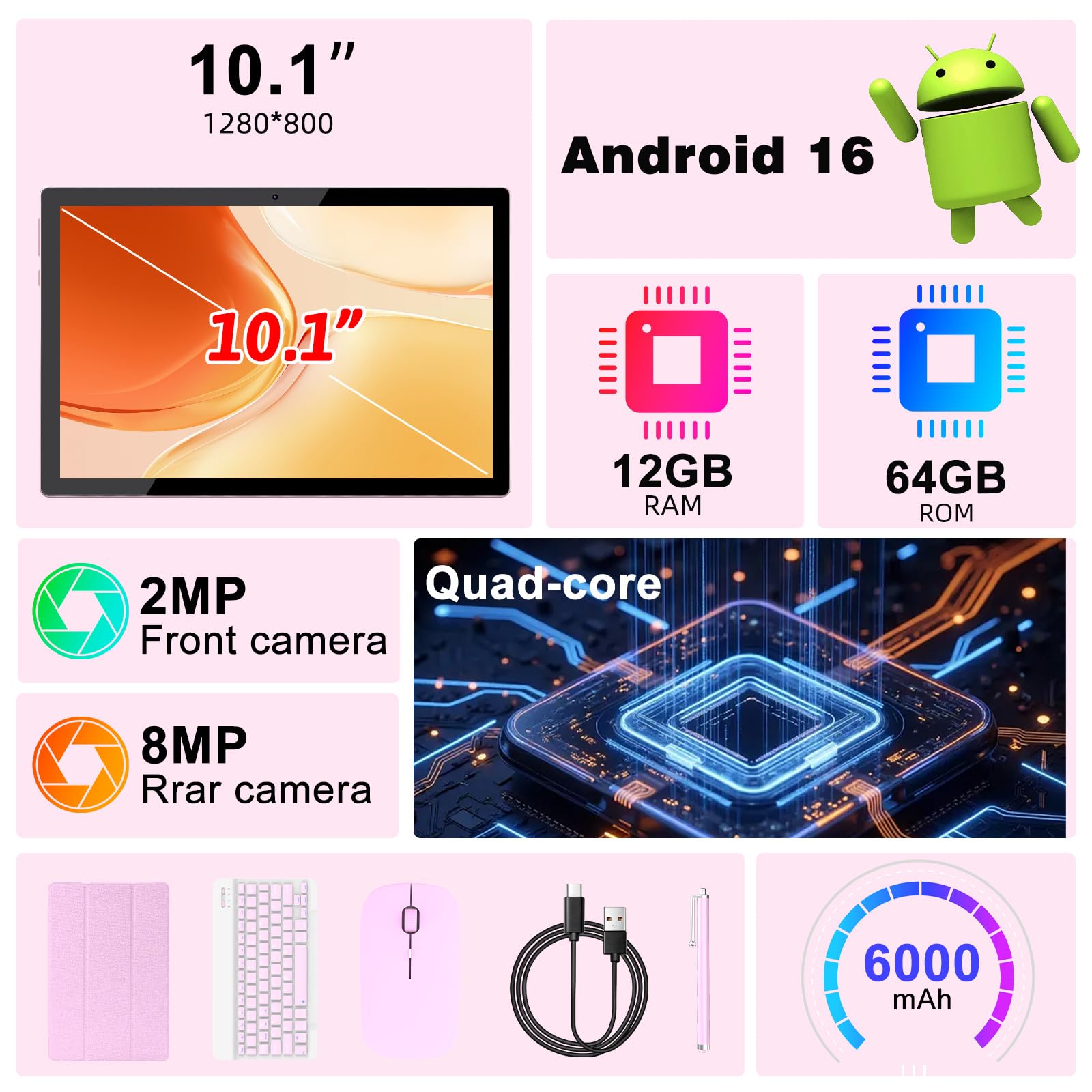 Tablet Android 15, 10 pollici 12 GB RAM+64 GB ROM/2 TB tablet espandibile, 1280 * 800 HD touch screen, 5G WiFi6 BT 5.0, tablet 2 in 1 con custodia per tastiera mouse stilo rosa