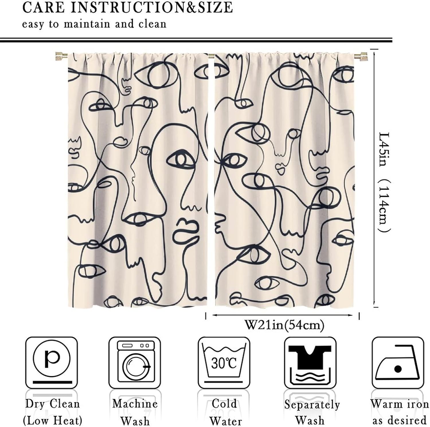 Human Faces Curtains Modern Mid Century Minimalist Aesthetic Boho Beige Simple Line Art Female Portrait Fashion Window Drapes for Living Bedroom 42x45 Inch