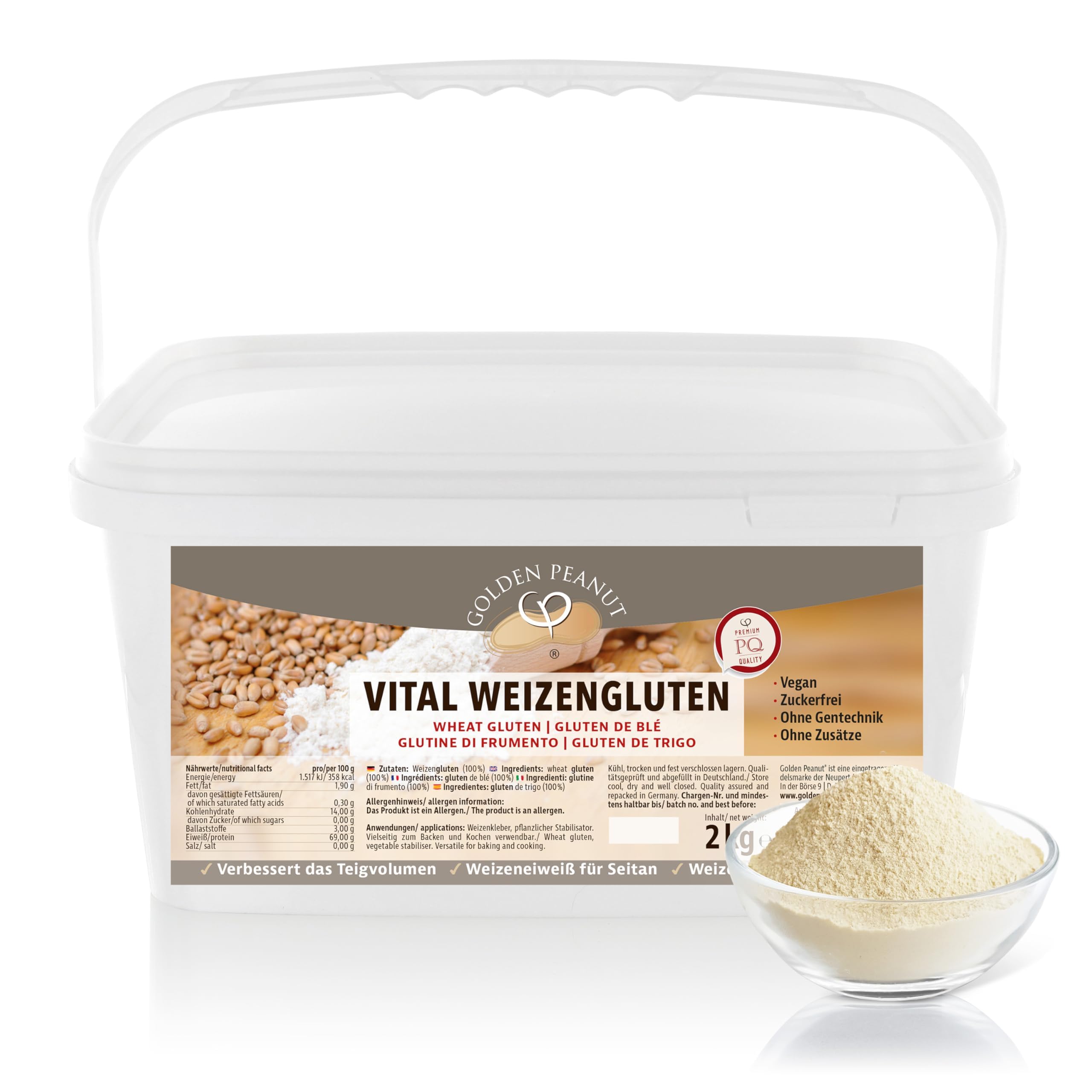 GOLDEN PEANUT Vital gluten pszenny, 2 kg, naturalny środek zagęszczający, czysto roślinny, białko pszenicy, seitan, niskokaloryczna skrobia spożywcza, pieczenie, gotowanie