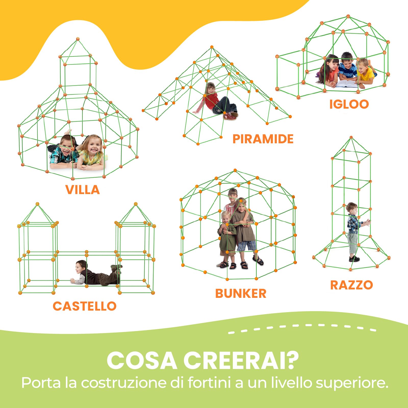 Tiny Land 130 pezzi Kit di costruzione del forte per bambini -Giocattolo creativo per ragazzi 5,6,7,8 anni- STEM Castelli fai-da-te Tunnel Tenda