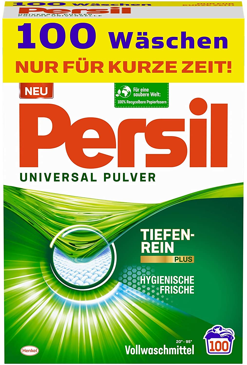 Persil Detergente universal en polvo 200 (2 x 100) cargas de lavado, detergente con tecnología de limpieza profunda Plus combate las manchas más resistentes para una pureza radiante.