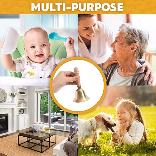 Miniatura 6 de Campana de mano dorada de 3.14 pulgadas grande con mango de madera de latón macizo, campana muy fuerte para servicio de restaurante, timbre de