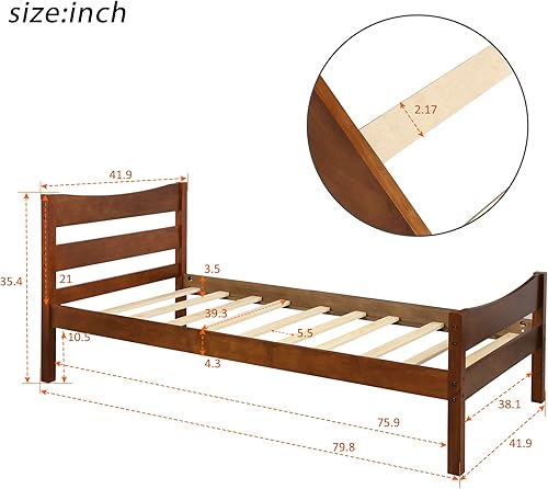 Miniatura 2 de Anwick Base de cama individual de madera con cabecera y estribo, base de colchón con plataforma con soporte de listones de madera para niños,
