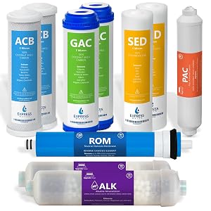 Express Water 1 Year Alkaline Reverse Osmosis System Replacement Filter Set 10 Filters with 100 GPD RO Membrane