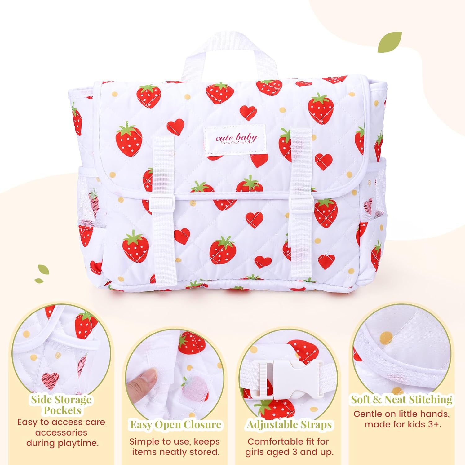 BABESIDE 14 Pcs Baby Doll Accessories Set for 12–15 Inch Dolls, Strawberry Print Baby Doll Diaper Bag with Feeding Bottles & Pacifiers, Dolls Blanket, Changing Pad for Pretend Play
