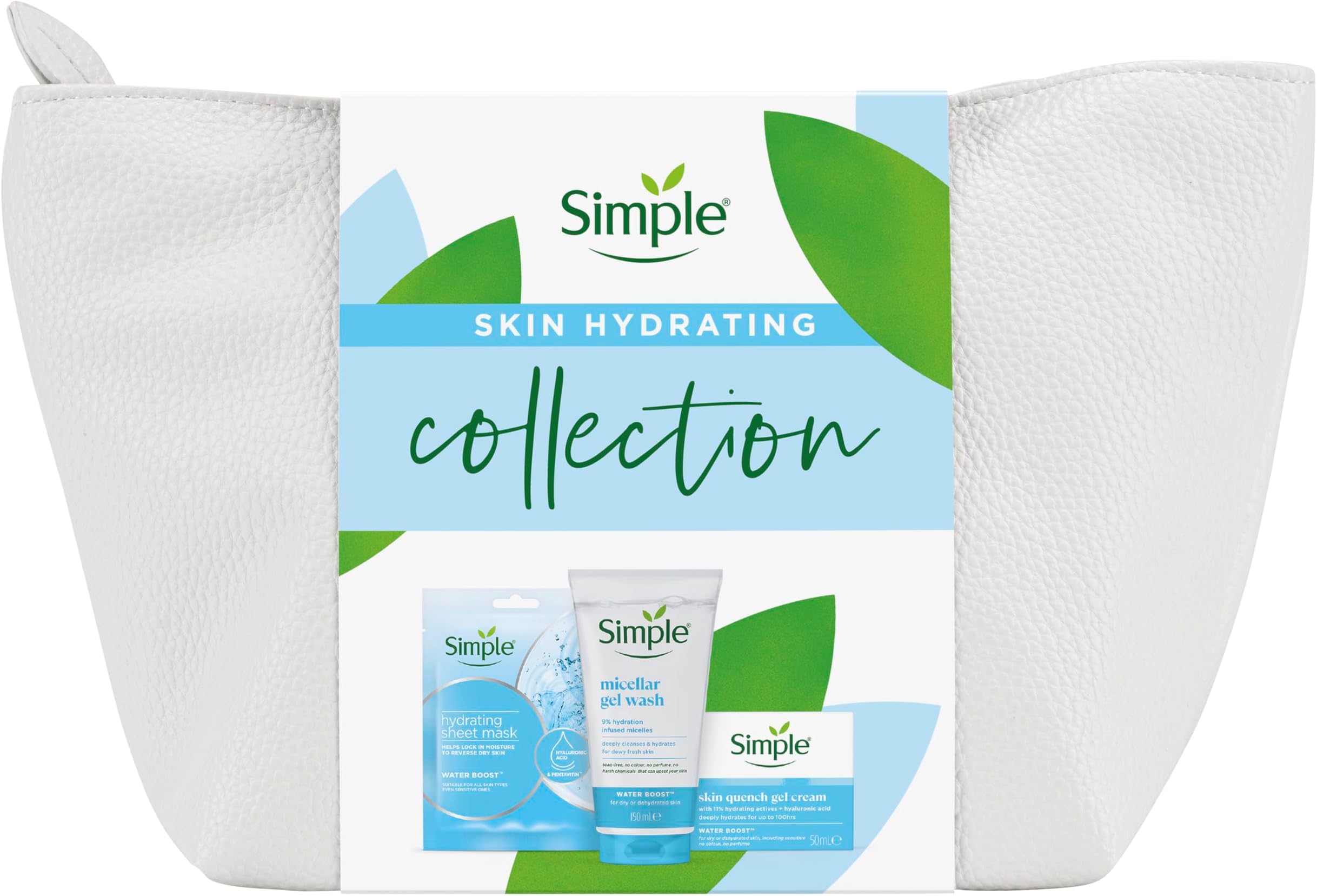Simple Skin Hydrating Collection 3 piece Gift Set with a beauty product bag including Face Wash, Sheet Mask & Moisturiser