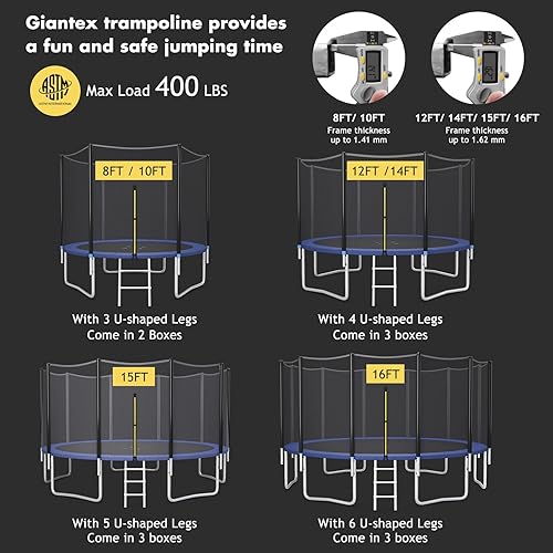 Miniatura 3 de Giantex Trampolín para niños y adultos, aprobado por ASTM 8, 10, 12, 14, 15, 16 pies, cama elástica grande con escalera, tubos de acero de grosor