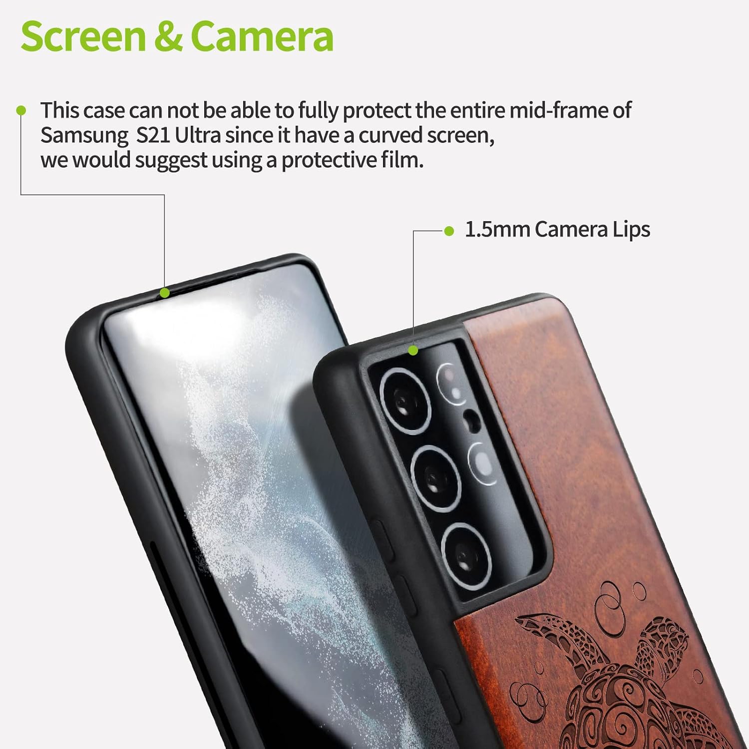 Carveit Wood Case for Galaxy S21 Ultra Case [Natural Wood & Black Soft TPU] Shockproof Hybrid Protective Unique Wooden Cover Compatible with Samsung S21 Ultra 5G (Sea Turtle-Rosy)