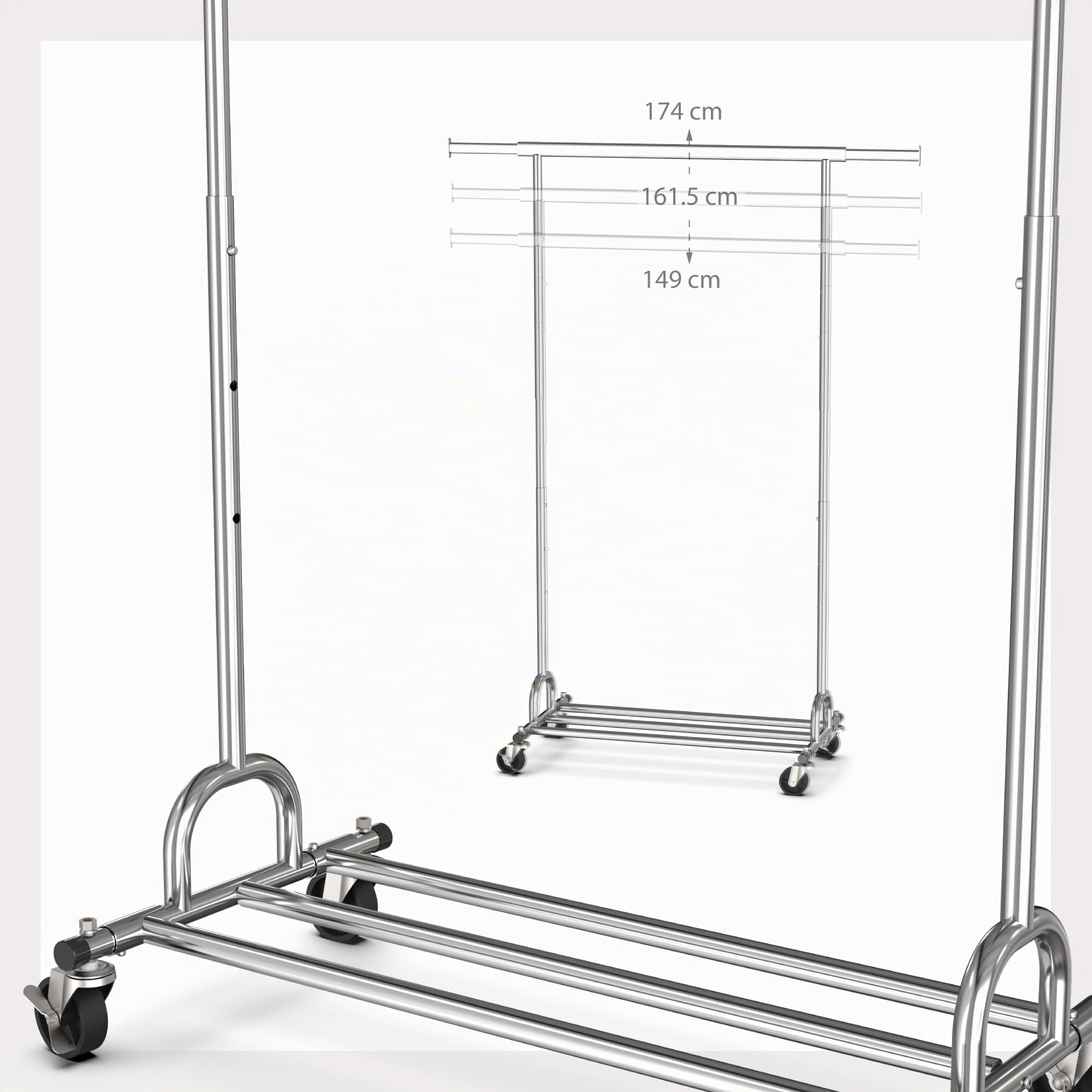 PORTENTUM Perchero burro ropa resistente extensible con ruedas y frenos – Altura regulable entre 149 y 174 cm – Hasta 180 kg de carga – Organizador ropa de acero de 45 x (92–132) cm de ancho