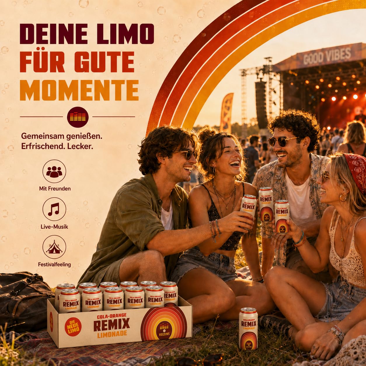 VELTINS Remix Cola-Orange Alkoholfrei, EINWEG (24 x 0,33 l Dose) – Cola-Orangen-Limonade mit deutlich mehr Fruchtsaft, 0,0% Alkohol – fruchtig-spritzig im nostalgischen Retro-Design