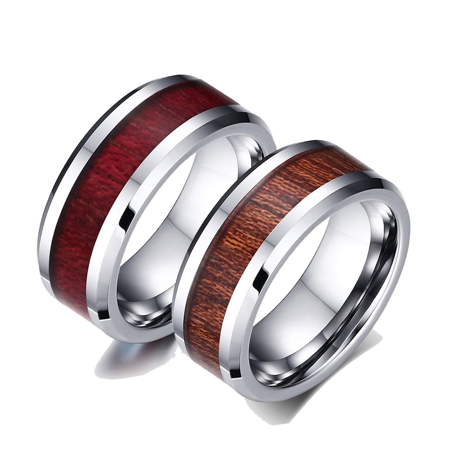 KnSam Set di 2 anelli di fidanzamento in argento da donna, 8 mm, inserto in legno argento