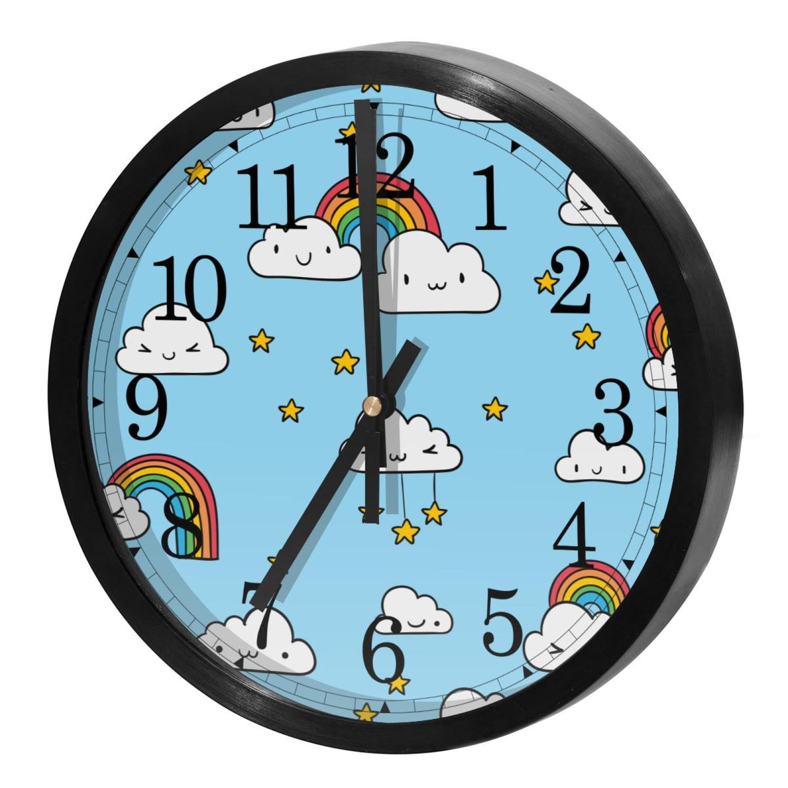 Horloge murale ronde pour cuisine et maison déco poétique nuages arc-en-ciel coloré