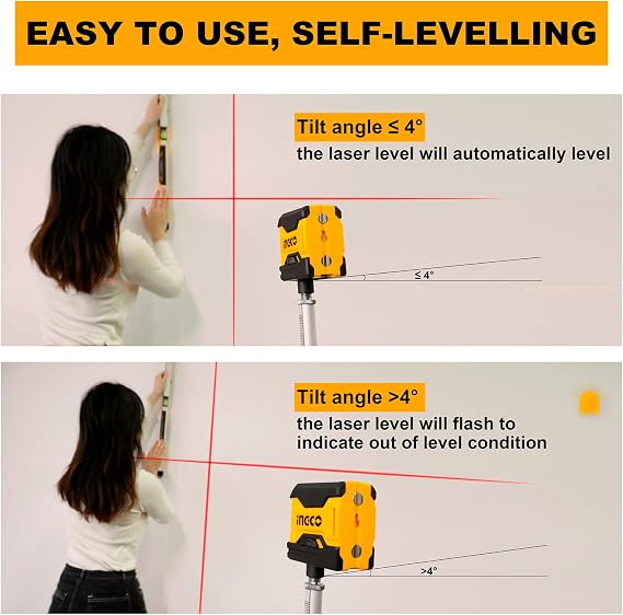 INGCO 50 Feet Laser Level Self Leveling Horizontal and Vertical Cross-Line Red Beam Lazer Leveler tool for Indoor Construction Picture Hanging Wall Writing HLL156508 (Manual Enclosed)