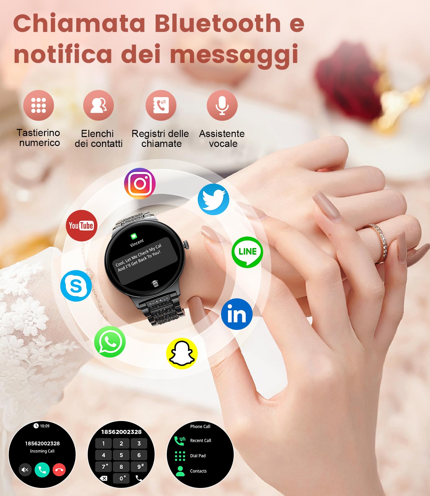 LIGE Smartwatch da donna 1.43" AMOLED rotondo touch screen con funzione telefono, fitness tracker donna 120 + modalità sport/IP68/SpO2/frequenza cardiaca/ciclo mestruale Diamond Smart Watch per iOS