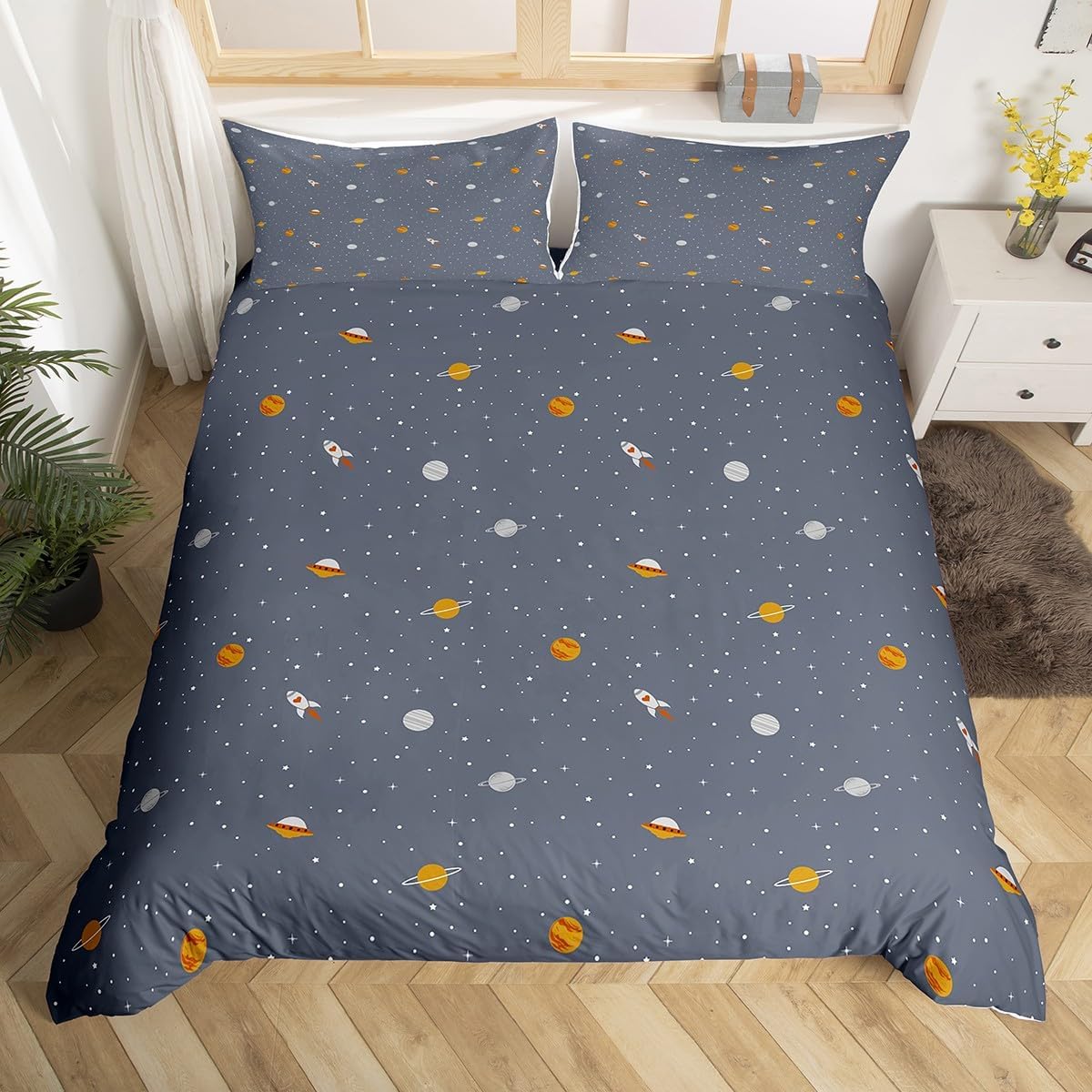 Erosebridal Galaxy Series Bedding Set, Grid Decor Duvet Cover, Twin Size for Boys Teens Kids Bedroom Decor Comforter Cover Set Starry Sky Planet Lattice Pattern Soft Microfiber Reversible Quilt Set