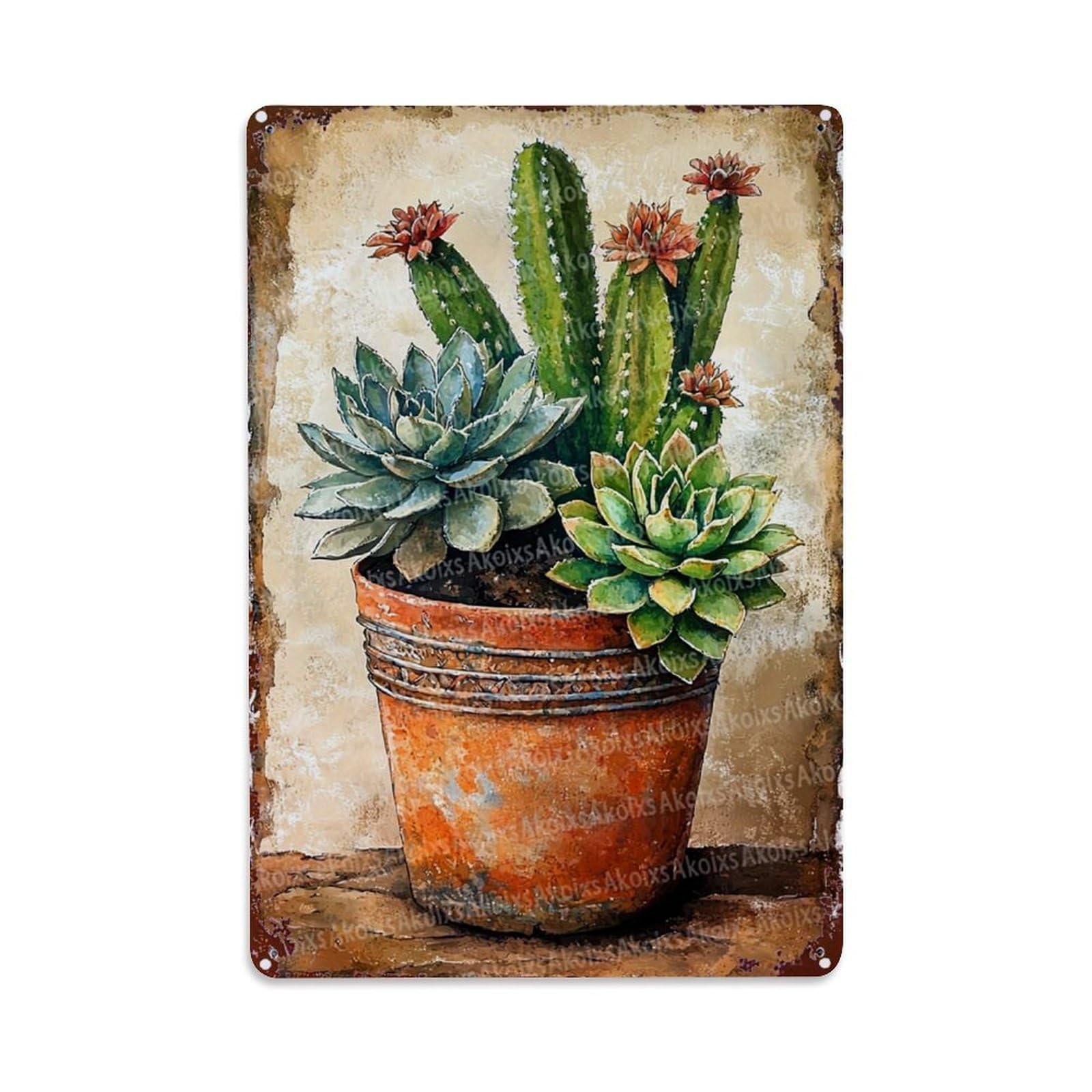 Jdfenggu Vintage Potted Succulents And Cacti Art Retro Metal Tin Sign, Metal Poster For Bar, Home, Man Cave, Kitchen, Laundry Room Art Decor 8X12 Inch