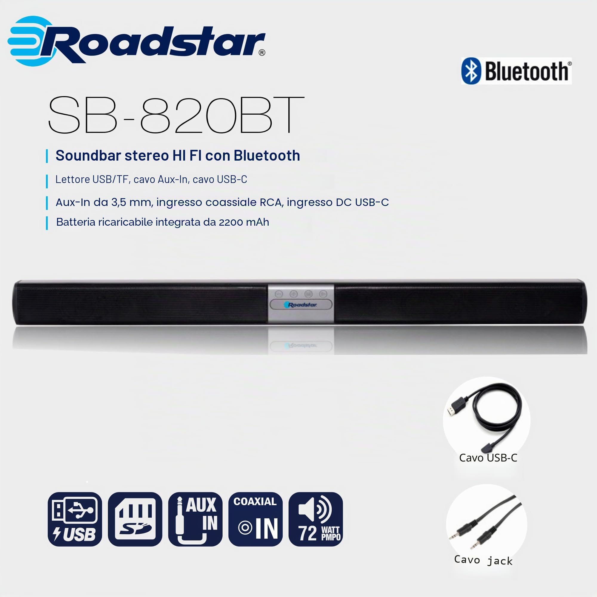 Roadstar Soundbar HI FI TV Bluetooth Soundbar per TV o PC, altoparlanti stereo 72 W, riproduzione RCA, AUX e USB, senza fili, batteria ricaricabile 2200 mAh, SB820BT
