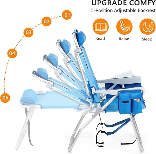 Miniatura 7 de VINGLI Paquete de 2 sillas de playa altas ligeras, mochila para adultos con 5 posiciones, bolsa refrigeradora, portavasos, toallero, sillas