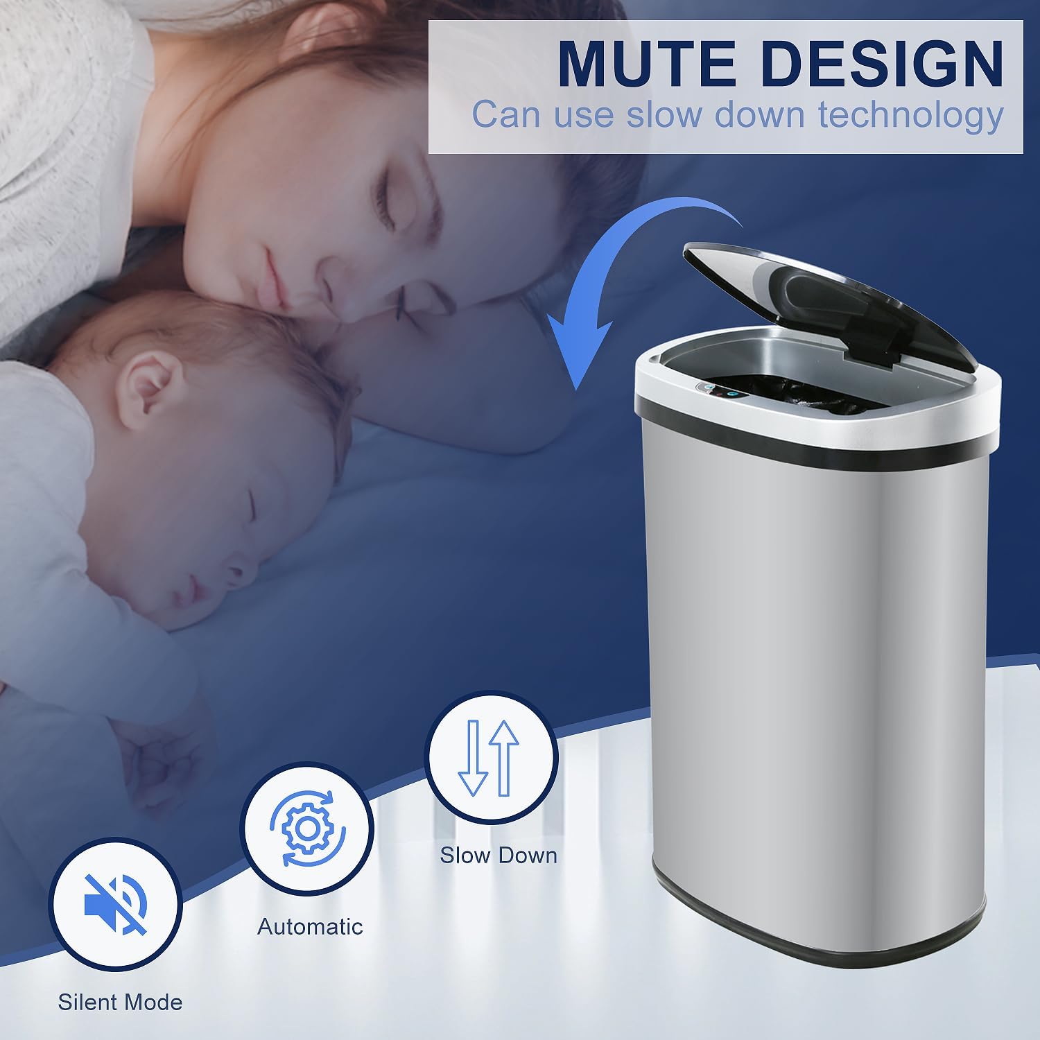 Furniture of America Verbena 13 Gallon Metal Household Trash Can Motion Sensor Lid for Kitchen, Silver