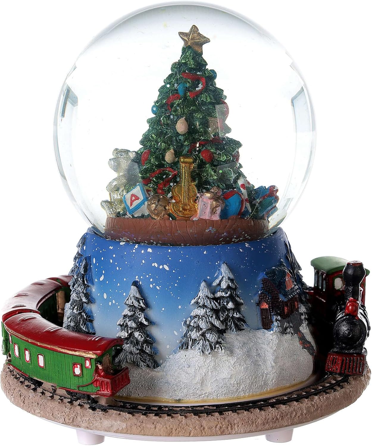 Christmas Tree Snow Globe Train Music 15x15 cm