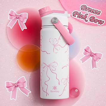 KEWIXY Pink Bow Water Bottle 500 ml/18 oz, 2-in-1 Lid, Stainless Steel Water Bottle with Straw for Women Girls, Ideal Birthday and Back to School Gift (Breeze Pink Bow1)