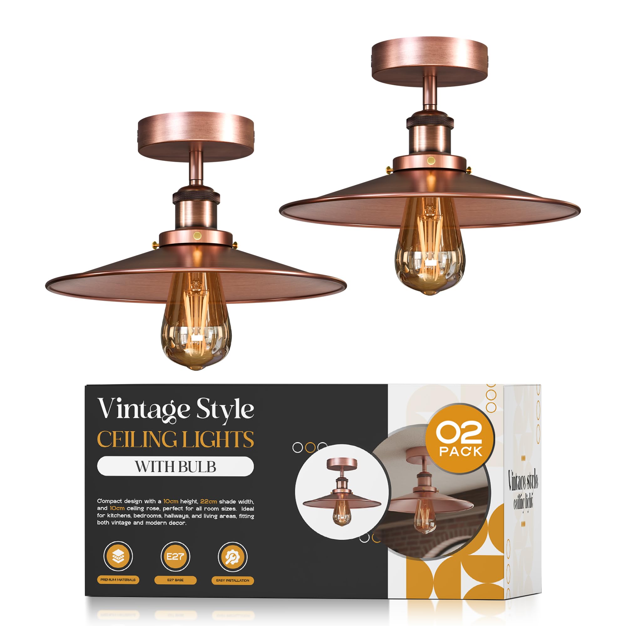 LEDSone Pack of 2 Ceiling Lights Fixture Industrial LED Ceiling Chandeliers Metal Copper Lampshade Easy Fit E27 Base Farmhouse Semi Flush Lighting for Kitchen,Hallway, Bedroom, Living Room EPC A+