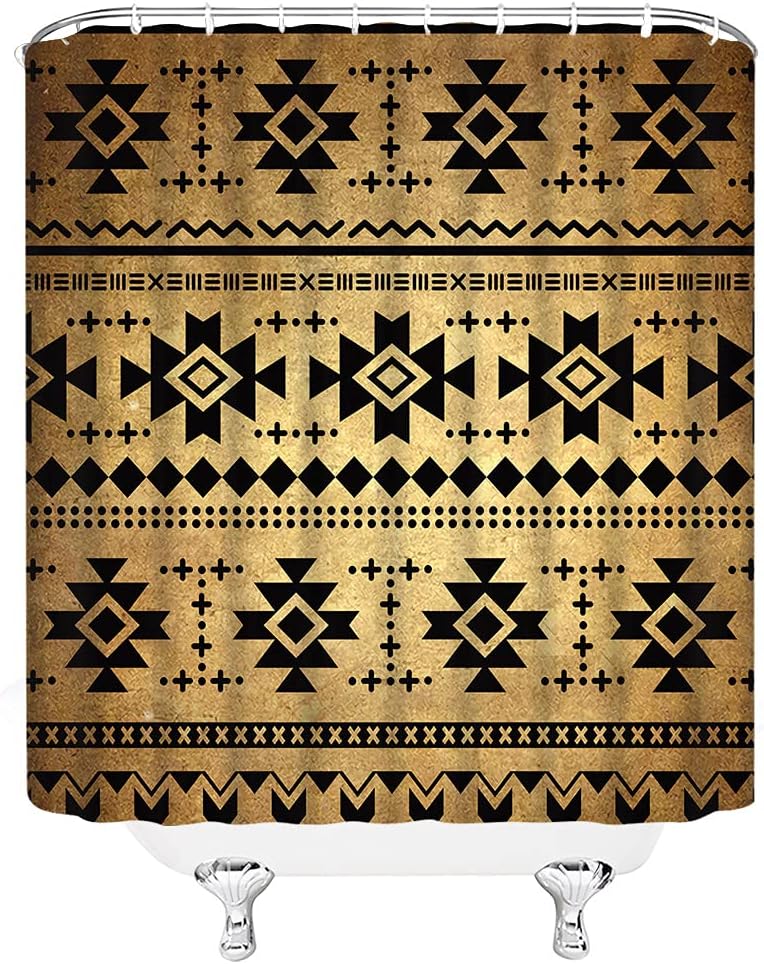 Boho Geometric Shower Curtain Brown Black Aztec Modern Farmhouse Tribal Retro Western Abstract Mid Century Fabric Bathroom Decor Curtain with Hooks