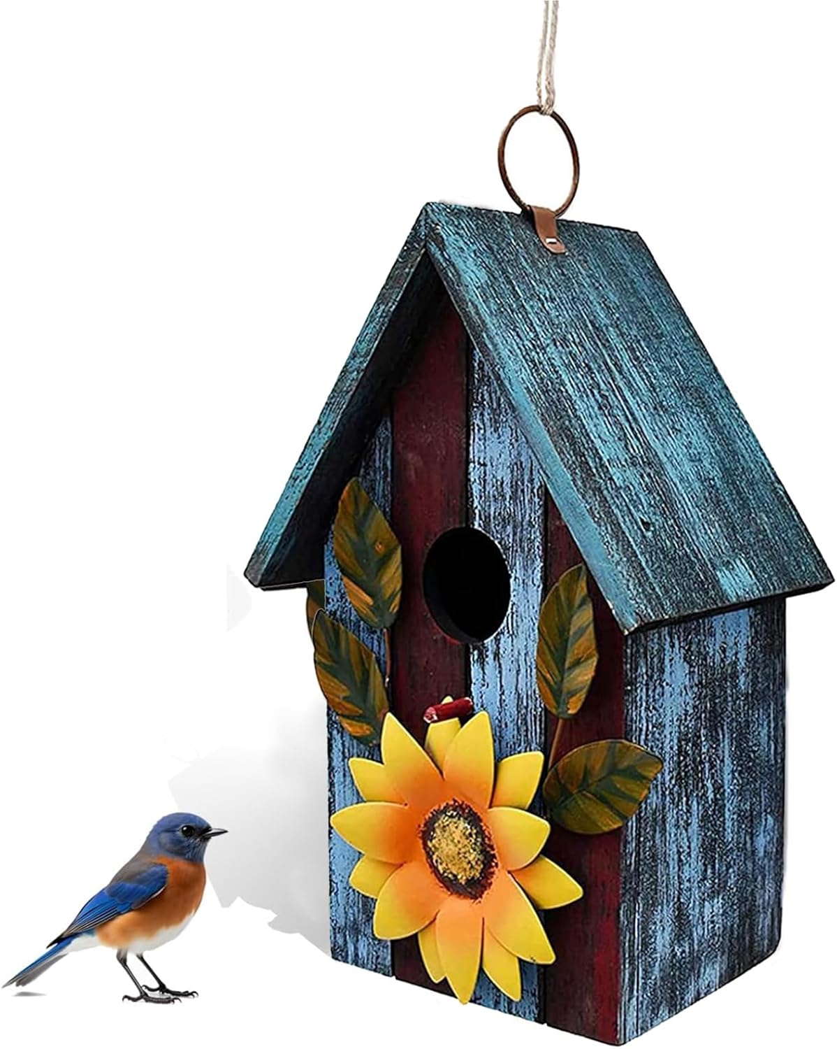Wood Bird House for Outside, Hanging Decorative Bird House Outdoor Garden Patio Yard Rustic Hand-Painted Bluebird Birdhouse Nesting Box for Finch Wren Sparrow Chickadee