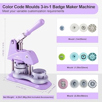 Button Maker Machine Multiple Sizes, 1+1.25+2.25 inch Installation-Free Pin Maker Machine, Ideal Pin Press Machine for Kids DIY, 300 Sets 25+32+58mm Button Making Supplies&Circle Cutter(Purple)