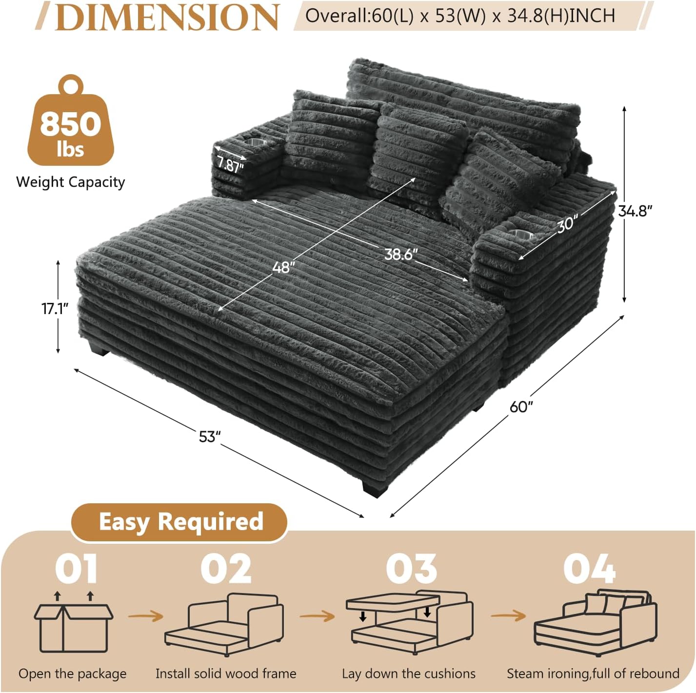 60" Chaise Lounge Chair Indoor, Upgraded Oversized Comfy Sofa Bed, Fluffy Plush Faux Fur Sleeper Couch Lazy Chair Bed, Reading Chairs Cloud Couches for Living Room,Dark Grey Dark Grey Set of 1