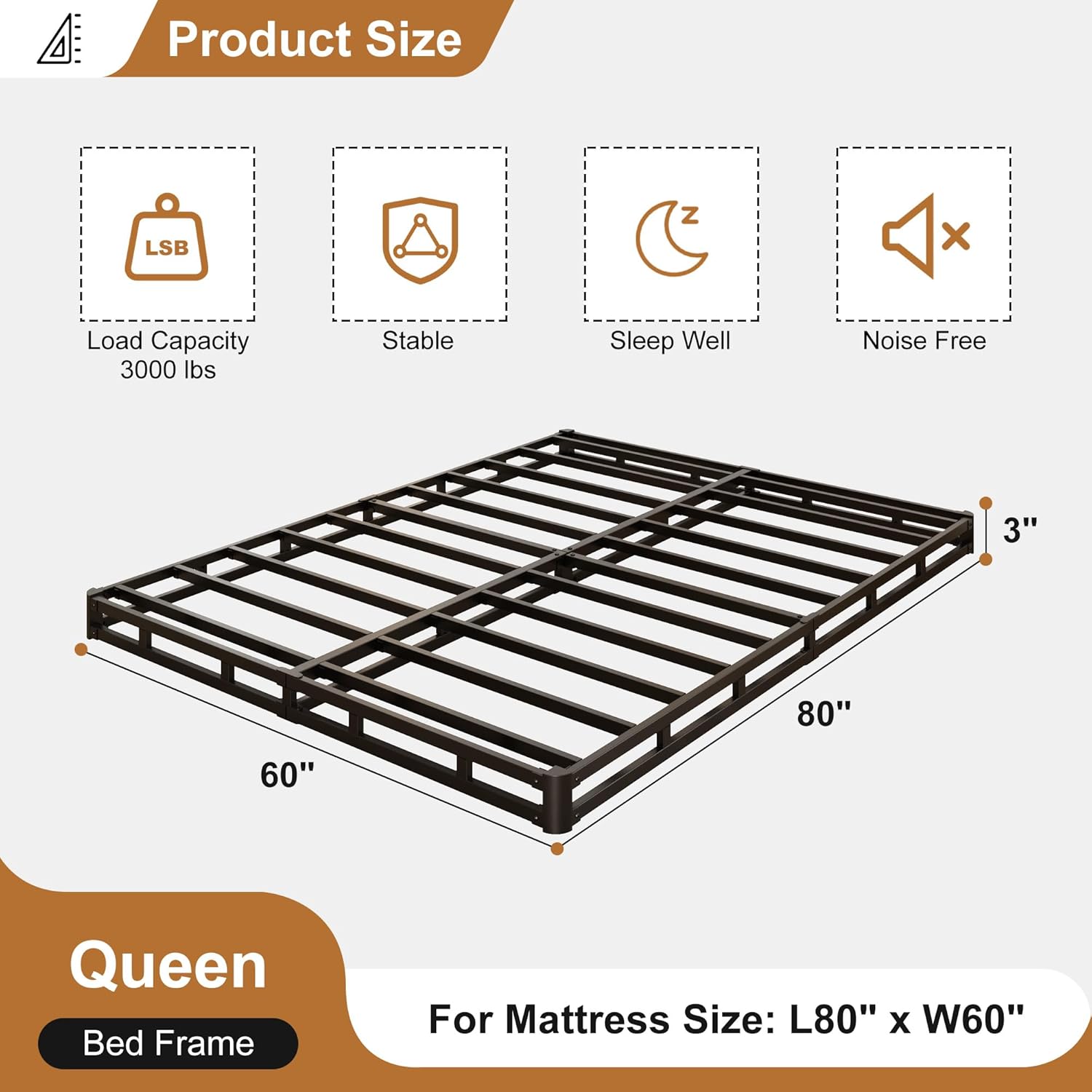 3 Inch Queen Box Spring Low Profile, Heavy Duty Metal Box Spring for Queen Bed Base with Fabric Cover, Mattress Foundation, Noise Free, Easy Assembly Queen 3 Inch